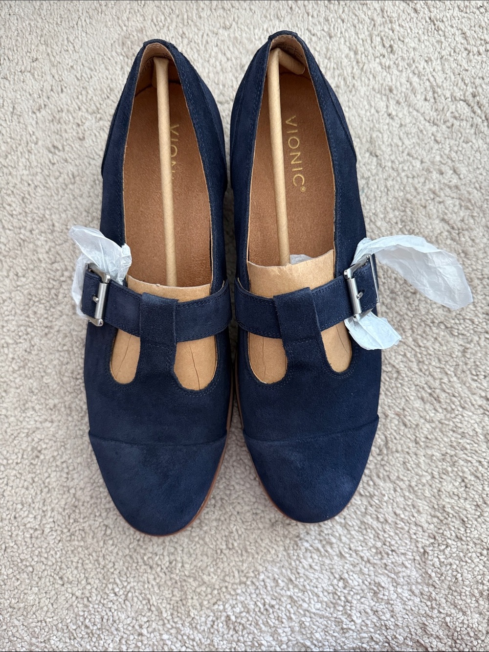 Vionic Blue Suede Buckle Slip-On Loafers with Tan Trim Size 11W